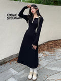 KIylethomasw Autumn Korean Version of the Fashion Medium-length Large Size Women's Long-sleeved High-waisted Slim Temperament Black Dresses