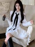 KYLETHOMASW  -  Elegant White Shirt Dresses Korean Preppy Style Long Sleeves Ruffle Party Mini Dress Slim Waist Casual Vestidos Female Outfits