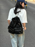 KYLETHOMASW  -  Harajuku Solid Color Chain Backpack Women Drawstring Studded Leather Large Capacity Backpack Ladies Fashion Y2k Mochilas Mujer