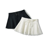 KYLETHOMASW  -  Holiday Front Cross Lacing up Bandage Bow Zipper Waist Mini Skirt Women White Spliced Lace Hem Ruched Swing A-lined Skirts Black