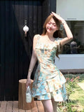 KYLETHOMASW  -  Women's Floral Print Ruffle One Piece Swimsuit French Style Tie Strap Beach Dress
