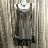 KYLETHOMASW  -  Japanese Kawaii Y2K Two-Piece Outfit Strap Dress Mesh Layered Cami Ruffle Hem Vintage Harajuku Subculture Casual Minidress Set