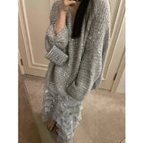 KYLETHOMASW  -  Premium Heavy Industry Sequin Long Skirt Set Shining Lazy Style Loose Gray Knitted Pullovers Autumn Two Piece Sets Women Outfits