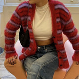 KYLETHOMASW  -  Striped Fuzzy Mohair V-Neck Knit Cardigan Oversize Button Front 2025 Autumn New Chic Casual Women Coat Fashion Cozy Lady Sweater