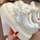 KYLETHOMASW  -  Women's Kawaii Ribbon Thick Heel Breathable White Sneakers Casual Running Shell Shoes Chunky Y2K Dad Style for Spring