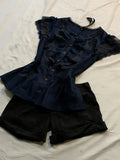 KYLETHOMASW  -  Harajuku Vintage Lace Ruffle Flying Sleeve Button Navy Blue Blouse Women Spicy Girls Summer Slim O-neck Y2k Aesthetic T-shirts