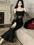 KYLETHOMASW  -  Sexy Sequins Black Womens Dresses Elegant Spaghetti Strap Hollow Out Bodycon Party Dress Summer Slim Waist Vestidos Female Robe