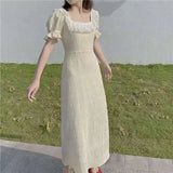 KYLETHOMASW  -  Fairy Beach Dress Women Lace Square Collar Belt Waist Slim Fit Folds Long Dresses Summer Puff Sleeve Elegant Vestidos