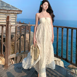 KIylethomasw Summer Vestidos Chic Vintage Beige Beach Holiday Backless Birthday Party Long Dress Women Sexy Club Halter Bandage Pleated Dress