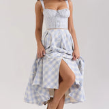 KYLETHOMASW  -  Women Lace Up Bandage Back Patchwork Plaid Dress Sexy Corset Style A-line Midi Casual Summer Dresses Sling Robe