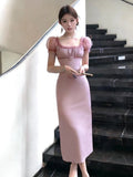 KYLETHOMASW  -  Summer Women Pink Sweet Midi Dress Elegant Sheer Sexy Puff Sleeve Corset Dresses Robe Cocktail Party Prom Daily Casual Vestidos