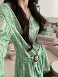 KYLETHOMASW  -  Dopamine green plaid v-neck long-sleeved shirt dress women's early spring beautiful beautiful design skirt