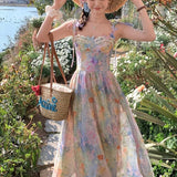 KYLETHOMASW  -  Women's Summer Long Princess Dress Butterfly Strap High Waist Oil Painting Floral Fairycore A-line Midi Sundress Female