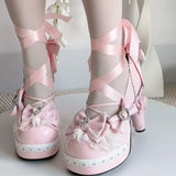 KYLETHOMASW  -  Original Egg Tart Heart High Heel Lolita Shoes with  Knot Silk Ribbon and Unique Shape Heel for Women