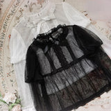 KYLETHOMASW  -  Vintage Mesh White Shirts Women Japanese Lolita Lace Bow Black Blouses Summer Kawaii Cute Ruffles Long Sleeve Design Tops