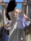 KYLETHOMASW  -  Casual White Solid Long Dresses Fairycore Slash Neck Inclined Shoulder Vestidos Summer Lace-up Ruched Trumpet Womens Dress