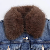 KYLETHOMASW  -  Dark Wash Denim Jacket with Removable Faux Fur Collar Women Cropped Long Sleeve Casual Y2K Korean Fashion Cowboy Coat