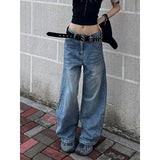 KYLETHOMASW  -  Blue Womens Jeans High Waist Vintage Design Hip Hop Straight Baggy Denim Pants Street Y2K American Style Wide Leg Denim Trouser