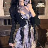 KYLETHOMASW  -  Elegant Vintage Butterfly Floral Irregular Mesh Camisole Dress+ Long Sleeve Lace Up  Sun Protection Coat Two Piece Sets