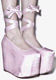 KYLETHOMASW  -  Pink Satin Platform Square Toe Wedge Heels Extreme Chunky Sole Ankle-Wrapping Straps Bow Accents Shoes for Harajuku Style Looks