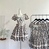 KYLETHOMASW  -  Pure Cotton Plaid Preppy Dress Women British Retro Lace Bandage Bow Kawaii Mini Dress Vintage Chic Square Collar Ball Gown Dress