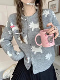 KYLETHOMASW  -  Korean Sweet Blue Gray Print Bow Button Sweater Women Round Neck Cardigans Long Sleeve Knitwear Tops Autumn Winter Clothing Chic