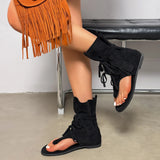 KYLETHOMASW  -  New Women's Flat Bottom Tassel Tie Sandals Retro Toe-Strap Short Boots Versatile Cross Buckle Ankle Boots Sporty Style