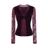 KYLETHOMASW  -  Velvet Lace Patchwork V-neck Long Sleeve T-shirt Autumn  New Style Women Comfortable Casual Fashionable T-shirt Top