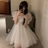 KYLETHOMASW  -  Women Sexy Mesh Skirt Sweet Kawaii Japanese Fairy Party Elegant Dresses Summer Fashion Bubble Sleeve White Short Sleeve Dress