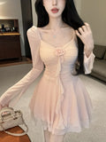 KYLETHOMASW  -  Woman Dress Sweet Sexy Flowers Long Sleeve Elegant Slim Mesh Patchwork Ruched Ruffles Party Mini Dresses Ladies