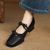 KYLETHOMASW  -  Mary Jane New Women Shoes Ballet Bow Square Toe Mid Heels Nude Shoes Fashion Casual Elegant Shallow Pumps