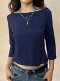 KYLETHOMASW  -  Solid Basic Three Quarter Sleeve T-shirts Woman Autumn Slash Neck Cotton Slim Crop Top Female Casual Simple All-match Tee Shirts