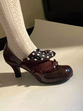 KYLETHOMASW  -  Retro Reddish-Brown Flap High Heels Round Toe Low Heel Niche Design Low-Cut Slip-On Mary Jane Shoes for Women.