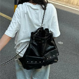 KYLETHOMASW  -  Harajuku Solid Color Chain Backpack Women Drawstring Studded Leather Large Capacity Backpack Ladies Fashion Y2k Mochilas Mujer