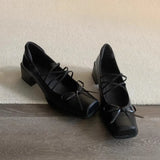 KYLETHOMASW  -  Women Genuine Leather Bow Decorated Flat Shoes with Cross Straps Thick Heels Mary Jane Shoes Shallow Mouth Comfortable Loafers