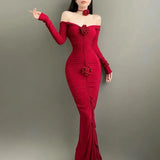 KYLETHOMASW  -  Pure Desire French One Word Shoulder Long Sleeved Dress Women Spring Chic Flower Pleated Temperament Thin Slim Dress