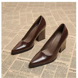 KYLETHOMASW  -  New Spring Women Commuter Pumps Shoes Fashion Pointed Toe Slip On Shoes Elegant Thick Heel Work Leather Shoes