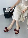 KYLETHOMASW  -  Fashion Patent Leather Butterfly Knot Women Slippers Square Toe Summer Sandals Low Thin Heels Mules Slides Shoes Size 39