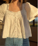 KYLETHOMASW  -  Y2K Aesthetic Fairy Blouse Chic Women's Summer Lace Trim Tops Short Sleeve Square Neck Button Up Babydoll shirt Streetwear