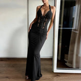 KYLETHOMASW  -  Summer New Strap Long Dress Lace Splicing Strap Pleated Dress