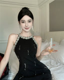 KYLETHOMASW  -  Summer Women's Mini Dress Luxury Fashion Black O-neck Shine Diamond Beading Slim Gown Femme Evening Party Banquet Runway