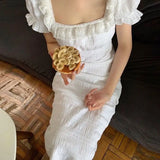 KYLETHOMASW  -  Fairy Beach Dress Women Lace Square Collar Belt Waist Slim Fit Folds Long Dresses Summer Puff Sleeve Elegant Vestidos
