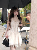 KYLETHOMASW  -  Summer French Elegant Sweet Princess Dress Women's Short-sleeve Round Neck Lace Bow Mini Party Dress Chic Fashionable Clothing