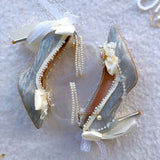 KYLETHOMASW  -  Original Handmade Lolita Shoes Flower Wedding Gorgeous High Heels Loli Sparkling Pearl Bow Princess Pumps Wedding Shoes Bride