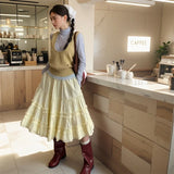 KYLETHOMASW  -  French High Waist A-Line Tiered Skirt Women Spring Casual Cotton Ruffle Hem Midi Skirts Skirt Versatile Curvy 280A