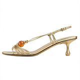 KYLETHOMASW  -  Women's  Slingback Sandals Amber Bead Decor Open‑Toe Kitten Heels Thin Knotted Strap Mid‑Heel Backless Pumps Elegant