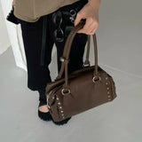 KYLETHOMASW  -  Women Y2k Rivet Handbag Retro Pu Leather Shoulder Bag Punk Style Large Capacity Zip Tote Bag Fashion Daily Party Underarm Bag