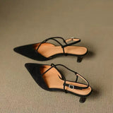 KYLETHOMASW  -  New Style Pointed Toe Low Heel Mule Shoes Women French Retro Single Buckle Strap Fashion Pointed Low Heel Shoes Women 7878