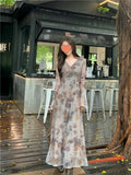 KYLETHOMASW  -  Retro Printed V-neck Kink Dress for Women in Spring and Autumn Slim Temperament Seaside Vacation Atmosphere