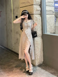 KYLETHOMASW  -  Women Stylish Vintage Ruffle Lace-up Sexy Slit Fairy Midi Dress Casual Sweet Chic Solid Short Sleeve Slim Party Dresses Vestidos